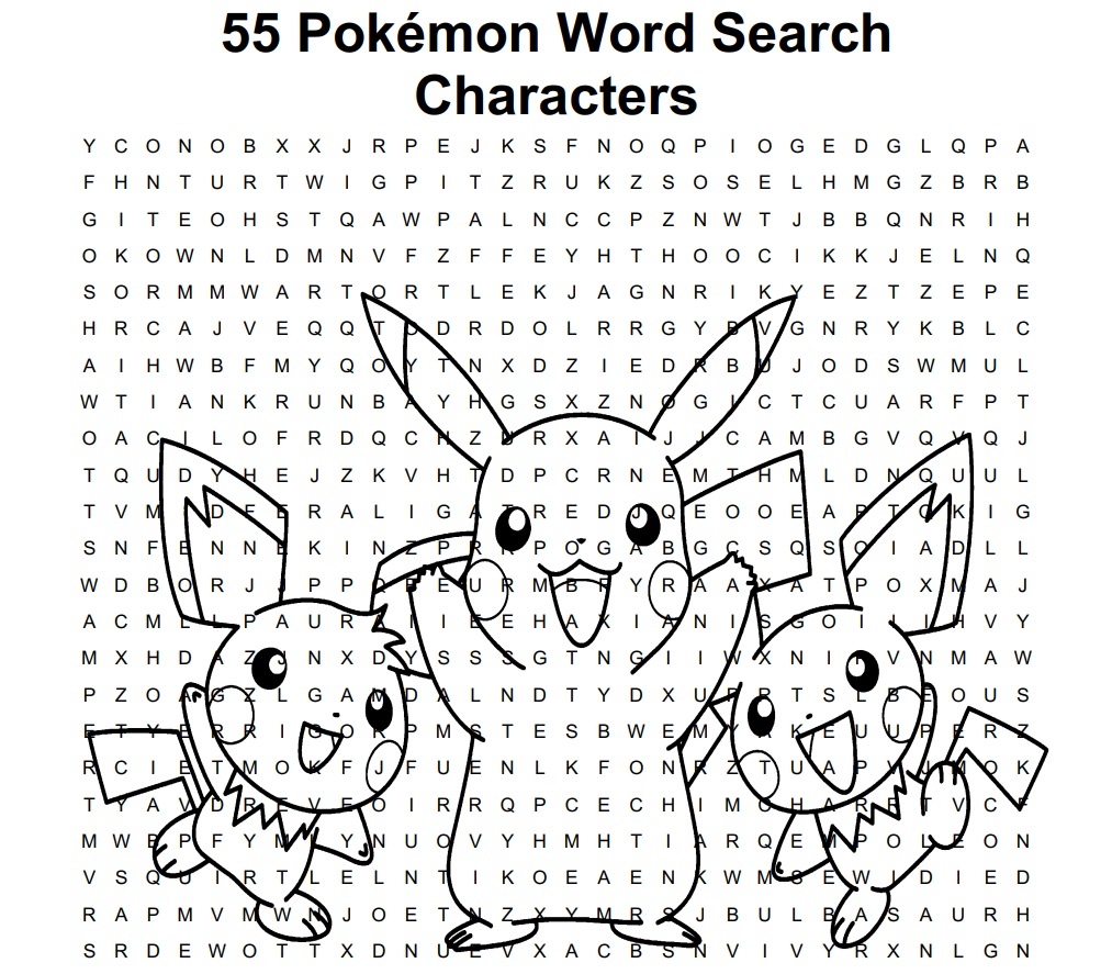 55 Pokemon Word Search Characters